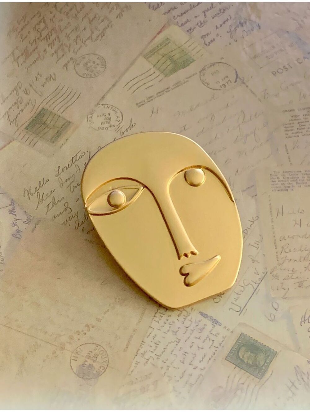 Modernist / Abstract / Cubist Abstract Face Gold-Tone Statement Brooch
